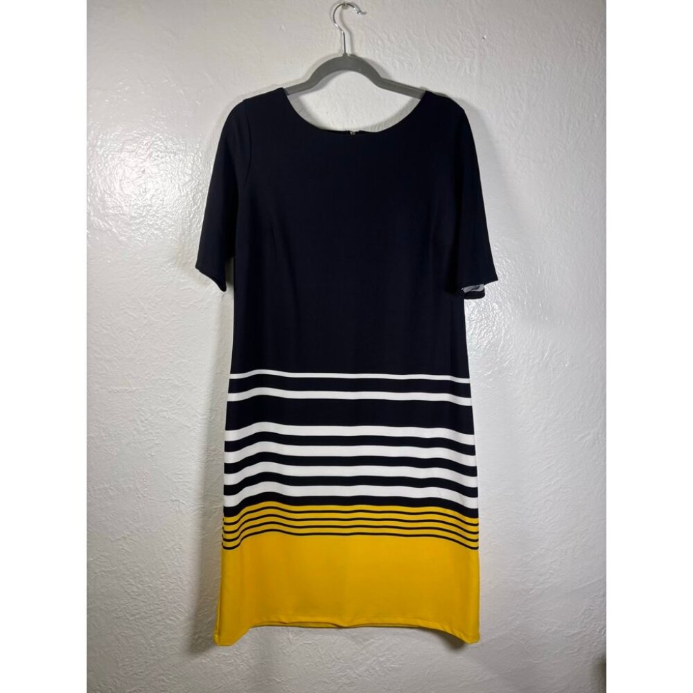ILE New York Dress Sz 14 Black/Yellow/White Stripe Elbow-Length Sleeve Work Wear